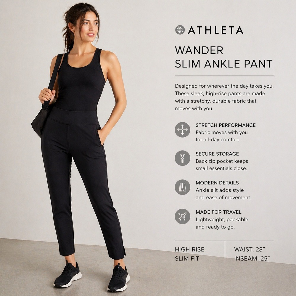Athleta‎ Wander Slim Ankle Pant Black High Rise Side Zip Trousers 486209 Size 6